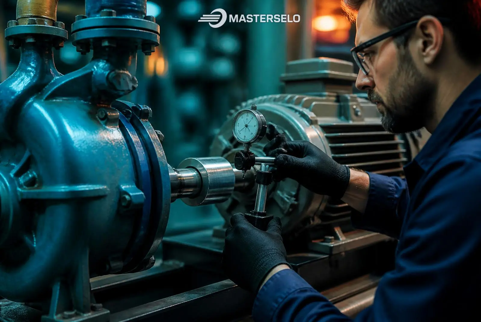 Técnico medindo batimento radial do eixo de uma bomba com relógio comparador